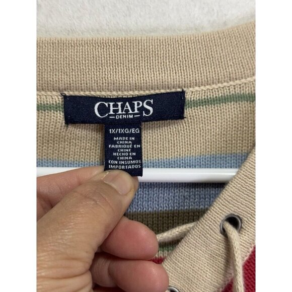 CHAPS Womens V-Neck Sweater Multi-Color Striped Long Sleeve Lace Up Rainbow 1X - Picture 4 of 9